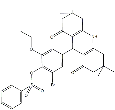 2-bromo-6-ethoxy-4-(3,3,6,6-tetramethyl-1,8-dioxo-1,2,3,4,5,6,7,8,9,10-decahydro-9-acridinyl)phenyl benzenesulfonate 结构式
