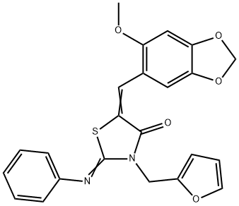 3-(2-furylmethyl)-5-[(6-methoxy-1,3-benzodioxol-5-yl)methylene]-2-(phenylimino)-1,3-thiazolidin-4-one 结构式