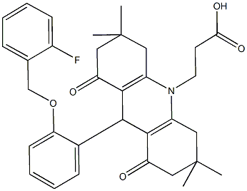 3-(9-{2-[(2-fluorobenzyl)oxy]phenyl}-3,3,6,6-tetramethyl-1,8-dioxo-2,3,4,5,6,7,8,9-octahydro-10(1H)-acridinyl)propanoic acid 结构式