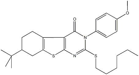 7-tert-butyl-2-(hexylsulfanyl)-3-(4-methoxyphenyl)-5,6,7,8-tetrahydro[1]benzothieno[2,3-d]pyrimidin-4(3H)-one 结构式