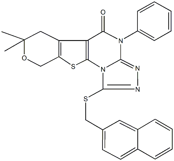 7,7-dimethyl-1-[(2-naphthylmethyl)sulfanyl]-4-phenyl-6,9-dihydro-7H-pyrano[4',3':4,5]thieno[3,2-e][1,2,4]triazolo[4,3-a]pyrimidin-5(4H)-one 结构式