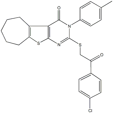 2-{[2-(4-chlorophenyl)-2-oxoethyl]sulfanyl}-3-(4-methylphenyl)-3,5,6,7,8,9-hexahydro-4H-cyclohepta[4,5]thieno[2,3-d]pyrimidin-4-one 结构式