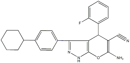 6-amino-3-(4-cyclohexylphenyl)-4-(2-fluorophenyl)-1,4-dihydropyrano[2,3-c]pyrazole-5-carbonitrile 结构式