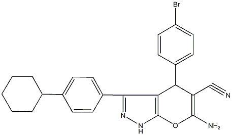 6-amino-4-(4-bromophenyl)-3-(4-cyclohexylphenyl)-1,4-dihydropyrano[2,3-c]pyrazole-5-carbonitrile 结构式