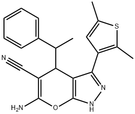 6-amino-3-(2,5-dimethyl-3-thienyl)-4-(1-phenylethyl)-1,4-dihydropyrano[2,3-c]pyrazole-5-carbonitrile 结构式