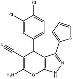 6-amino-4-(3,4-dichlorophenyl)-3-(2-thienyl)-1,4-dihydropyrano[2,3-c]pyrazole-5-carbonitrile 结构式