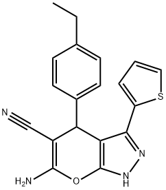 6-amino-4-(4-ethylphenyl)-3-(2-thienyl)-1,4-dihydropyrano[2,3-c]pyrazole-5-carbonitrile 结构式