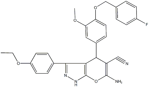 6-amino-3-(4-ethoxyphenyl)-4-{4-[(4-fluorobenzyl)oxy]-3-methoxyphenyl}-1,4-dihydropyrano[2,3-c]pyrazole-5-carbonitrile 结构式