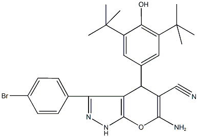 6-amino-3-(4-bromophenyl)-4-(3,5-ditert-butyl-4-hydroxyphenyl)-1,4-dihydropyrano[2,3-c]pyrazole-5-carbonitrile 结构式