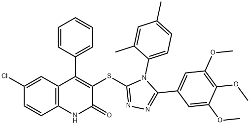 6-chloro-3-{[4-(2,4-dimethylphenyl)-5-(3,4,5-trimethoxyphenyl)-4H-1,2,4-triazol-3-yl]sulfanyl}-4-phenyl-2(1H)-quinolinone 结构式