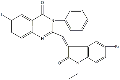 2-[(5-bromo-1-ethyl-2-oxo-1,2-dihydro-3H-indol-3-ylidene)methyl]-6-iodo-3-phenyl-4(3H)-quinazolinone 结构式