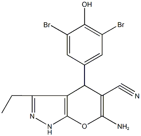 6-amino-4-(3,5-dibromo-4-hydroxyphenyl)-3-ethyl-1,4-dihydropyrano[2,3-c]pyrazole-5-carbonitrile 结构式