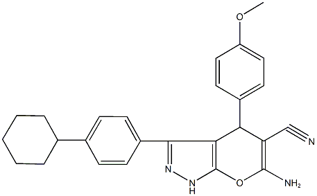 6-amino-3-(4-cyclohexylphenyl)-4-(4-methoxyphenyl)-1,4-dihydropyrano[2,3-c]pyrazole-5-carbonitrile 结构式