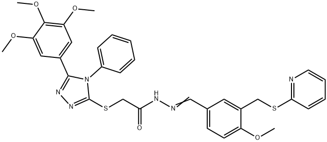 N'-{4-methoxy-3-[(2-pyridinylsulfanyl)methyl]benzylidene}-2-{[4-phenyl-5-(3,4,5-trimethoxyphenyl)-4H-1,2,4-triazol-3-yl]sulfanyl}acetohydrazide 结构式