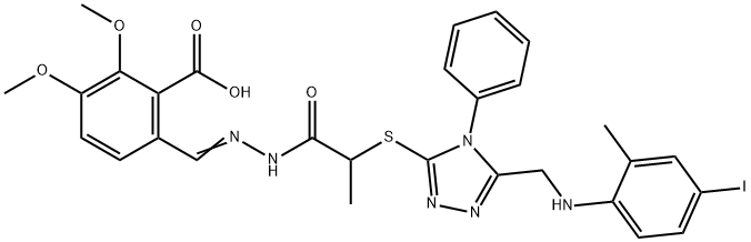 6-{2-[2-({5-[(4-iodo-2-methylanilino)methyl]-4-phenyl-4H-1,2,4-triazol-3-yl}sulfanyl)propanoyl]carbohydrazonoyl}-2,3-dimethoxybenzoic acid 结构式