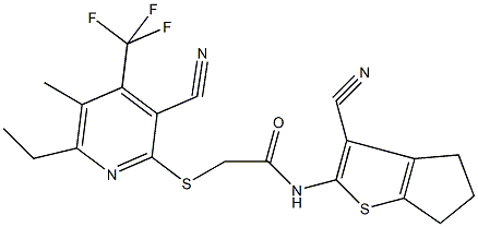 N-(3-cyano-5,6-dihydro-4H-cyclopenta[b]thien-2-yl)-2-{[3-cyano-6-ethyl-5-methyl-4-(trifluoromethyl)pyridin-2-yl]sulfanyl}acetamide 结构式