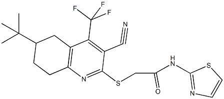 2-{[6-tert-butyl-3-cyano-4-(trifluoromethyl)-5,6,7,8-tetrahydroquinolin-2-yl]sulfanyl}-N-(1,3-thiazol-2-yl)acetamide 结构式