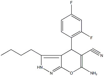 6-amino-3-butyl-4-(2,4-difluorophenyl)-2,4-dihydropyrano[2,3-c]pyrazole-5-carbonitrile 结构式