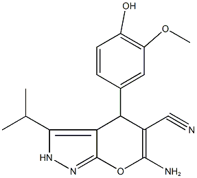 6-amino-4-(4-hydroxy-3-methoxyphenyl)-3-isopropyl-2,4-dihydropyrano[2,3-c]pyrazole-5-carbonitrile 结构式