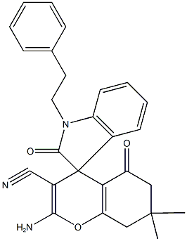 2-amino-3-cyano-7,7-dimethyl-5-oxo-1'-(2-phenylethyl)-1',3',5,6,7,8-hexahydrospiro[4H-chromene-4,3'-(2'H)-indole]-2'-one 结构式