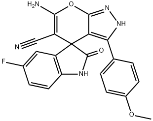 6-amino-3-(4-methoxyphenyl)-2,4-dihydropyrano[2,3-c]pyrazole-5-carbonitrile-4-spiro-3'-(5'-fluoro-1',3'-dihydro-2'H-indol-2'-one) 结构式