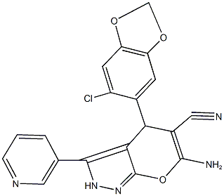 6-amino-4-(6-chloro-1,3-benzodioxol-5-yl)-3-(3-pyridinyl)-2,4-dihydropyrano[2,3-c]pyrazole-5-carbonitrile 结构式