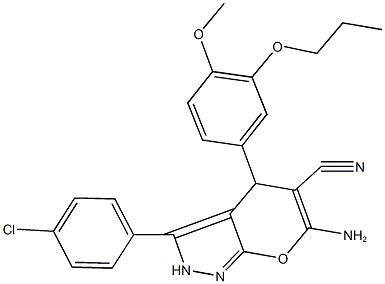 6-amino-3-(4-chlorophenyl)-4-(4-methoxy-3-propoxyphenyl)-2,4-dihydropyrano[2,3-c]pyrazole-5-carbonitrile 结构式