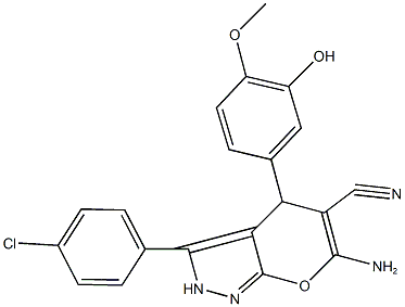 6-amino-3-(4-chlorophenyl)-4-(3-hydroxy-4-methoxyphenyl)-2,4-dihydropyrano[2,3-c]pyrazole-5-carbonitrile 结构式