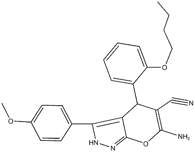 6-amino-4-(2-butoxyphenyl)-3-(4-methoxyphenyl)-2,4-dihydropyrano[2,3-c]pyrazole-5-carbonitrile 结构式