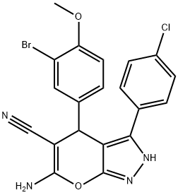 6-amino-4-(3-bromo-4-methoxyphenyl)-3-(4-chlorophenyl)-2,4-dihydropyrano[2,3-c]pyrazole-5-carbonitrile 结构式