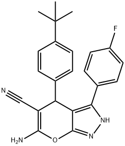 6-amino-4-(4-tert-butylphenyl)-3-(4-fluorophenyl)-2,4-dihydropyrano[2,3-c]pyrazole-5-carbonitrile 结构式