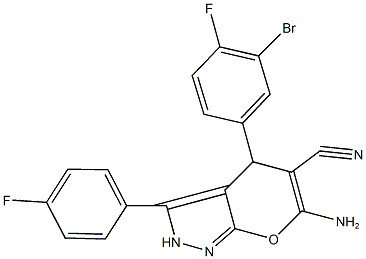 6-amino-4-(3-bromo-4-fluorophenyl)-3-(4-fluorophenyl)-2,4-dihydropyrano[2,3-c]pyrazole-5-carbonitrile 结构式