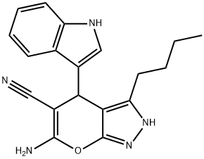 6-amino-3-butyl-4-(1H-indol-3-yl)-2,4-dihydropyrano[2,3-c]pyrazole-5-carbonitrile 结构式