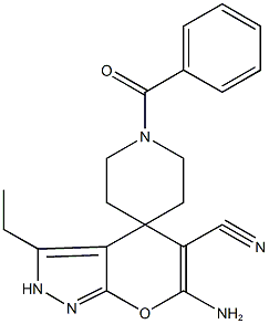 6-amino-3-ethyl-2,4-dihydropyrano[2,3-c]pyrazole-5-carbonitrile-4-spiro-4'-(1'-benzoylpiperidine ) 结构式