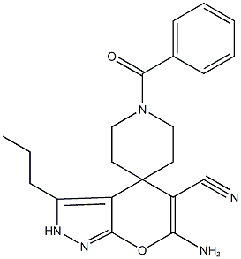 6-amino-3-propyl-2,4-dihydropyrano[2,3-c]pyrazole-5-carbonitrile-4-spiro-4'-(1'-benzoylpiperidine) 结构式