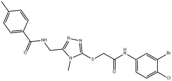 N-[(5-{[2-(3-bromo-4-chloroanilino)-2-oxoethyl]sulfanyl}-4-methyl-4H-1,2,4-triazol-3-yl)methyl]-4-methylbenzamide 结构式