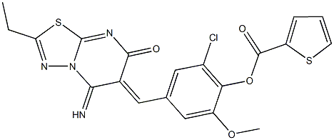 2-chloro-4-[(2-ethyl-5-imino-7-oxo-5H-[1,3,4]thiadiazolo[3,2-a]pyrimidin-6(7H)-ylidene)methyl]-6-methoxyphenyl 2-thiophenecarboxylate 结构式