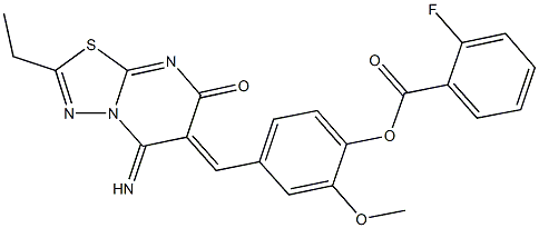 4-[(2-ethyl-5-imino-7-oxo-5H-[1,3,4]thiadiazolo[3,2-a]pyrimidin-6(7H)-ylidene)methyl]-2-methoxyphenyl 2-fluorobenzoate 结构式