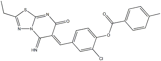 2-chloro-4-[(2-ethyl-5-imino-7-oxo-5H-[1,3,4]thiadiazolo[3,2-a]pyrimidin-6(7H)-ylidene)methyl]phenyl 4-methylbenzoate 结构式