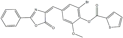 2-bromo-6-methoxy-4-[(5-oxo-2-phenyl-1,3-oxazol-4(5H)-ylidene)methyl]phenyl 2-thiophenecarboxylate 结构式