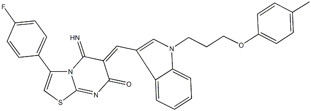 3-(4-fluorophenyl)-5-imino-6-({1-[3-(4-methylphenoxy)propyl]-1H-indol-3-yl}methylene)-5,6-dihydro-7H-[1,3]thiazolo[3,2-a]pyrimidin-7-one 结构式