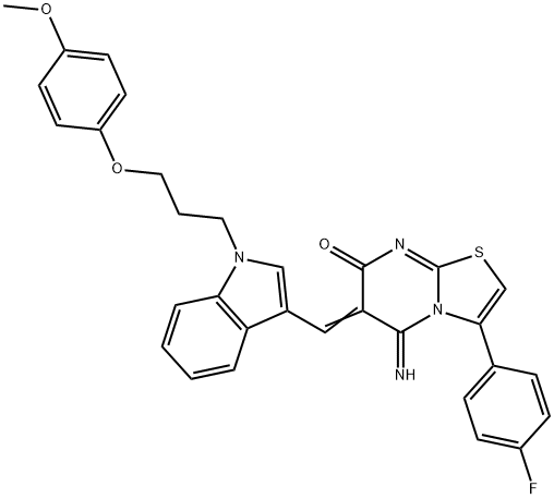 3-(4-fluorophenyl)-5-imino-6-({1-[3-(4-methoxyphenoxy)propyl]-1H-indol-3-yl}methylene)-5,6-dihydro-7H-[1,3]thiazolo[3,2-a]pyrimidin-7-one 结构式