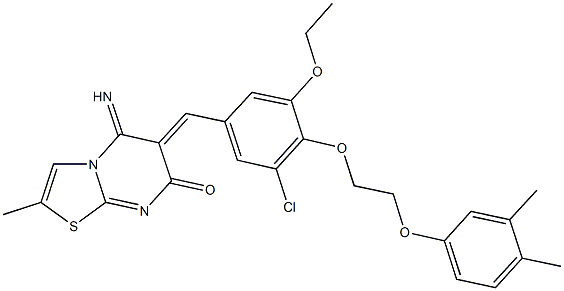 6-{3-chloro-4-[2-(3,4-dimethylphenoxy)ethoxy]-5-ethoxybenzylidene}-5-imino-2-methyl-5,6-dihydro-7H-[1,3]thiazolo[3,2-a]pyrimidin-7-one 结构式