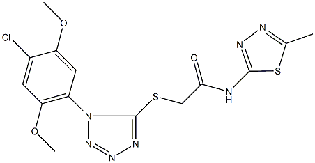 2-{[1-(4-chloro-2,5-dimethoxyphenyl)-1H-tetraazol-5-yl]sulfanyl}-N-(5-methyl-1,3,4-thiadiazol-2-yl)acetamide 结构式
