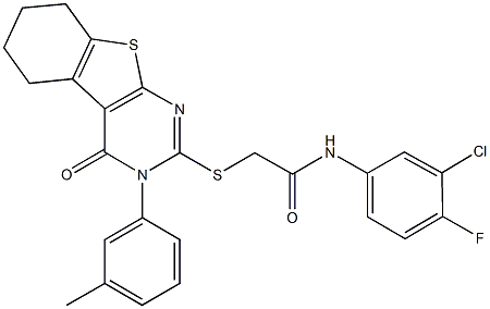 N-(3-chloro-4-fluorophenyl)-2-{[3-(3-methylphenyl)-4-oxo-3,4,5,6,7,8-hexahydro[1]benzothieno[2,3-d]pyrimidin-2-yl]sulfanyl}acetamide 结构式