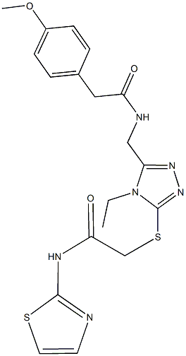 2-{[4-ethyl-5-({[(4-methoxyphenyl)acetyl]amino}methyl)-4H-1,2,4-triazol-3-yl]sulfanyl}-N-(1,3-thiazol-2-yl)acetamide 结构式