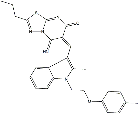 5-imino-6-({2-methyl-1-[2-(4-methylphenoxy)ethyl]-1H-indol-3-yl}methylene)-2-propyl-5,6-dihydro-7H-[1,3,4]thiadiazolo[3,2-a]pyrimidin-7-one 结构式