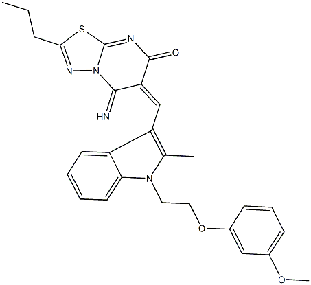 5-imino-6-({1-[2-(3-methoxyphenoxy)ethyl]-2-methyl-1H-indol-3-yl}methylene)-2-propyl-5,6-dihydro-7H-[1,3,4]thiadiazolo[3,2-a]pyrimidin-7-one 结构式