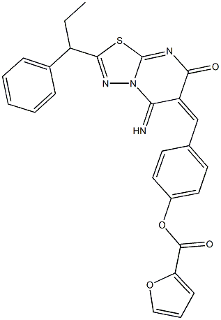 4-[(5-imino-7-oxo-2-(1-phenylpropyl)-5H-[1,3,4]thiadiazolo[3,2-a]pyrimidin-6(7H)-ylidene)methyl]phenyl 2-furoate 结构式