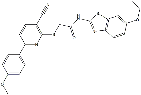 2-{[3-cyano-6-(4-methoxyphenyl)-2-pyridinyl]sulfanyl}-N-(6-ethoxy-1,3-benzothiazol-2-yl)acetamide 结构式